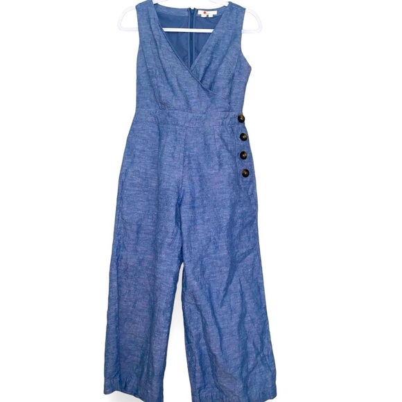 Boden Dorothea Wrap Jumpsuit Women’s Chambray Cropped V-Neck One Piece Jumpsuit - Picture 1 of 13
